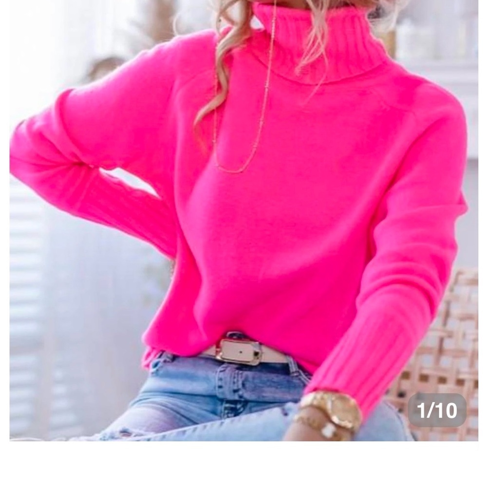 Fluorescent Pink Cowl Neck Sweater with Soft Texture and Relaxed Fit